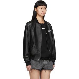 Off White Black Leather Arrow Bomber Jacket